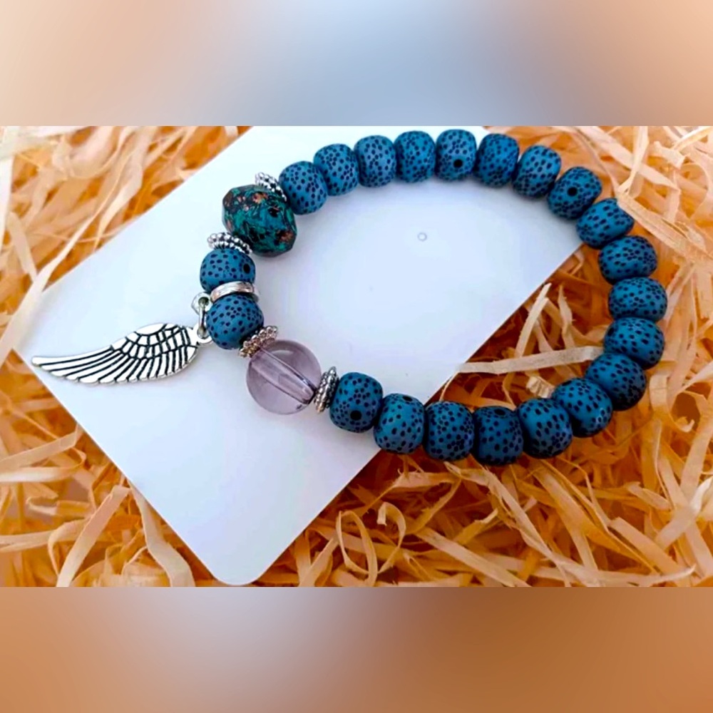 NEW Blue Beaded Stretch Bracelet w/ Silver Wing Charm Crystal Bohemian Fun Cool